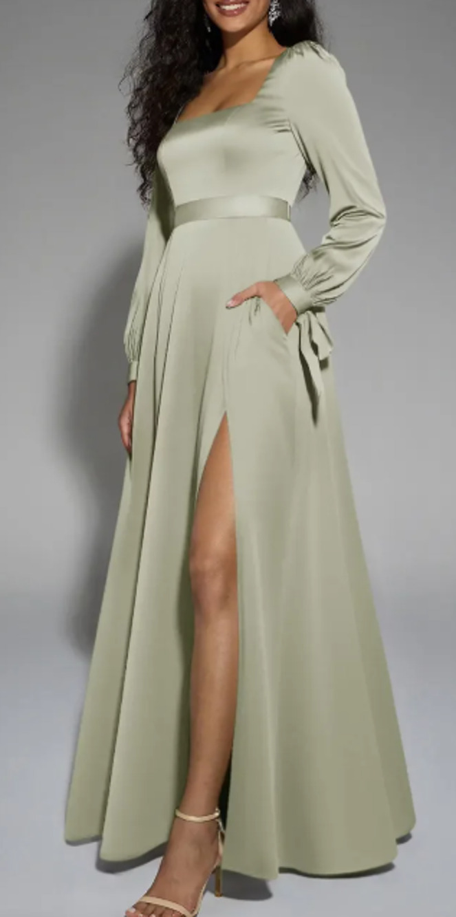 AW BRIDAL sz 2 XS sage green satin Rose long sleeve formal maxi dress NEW 0B18